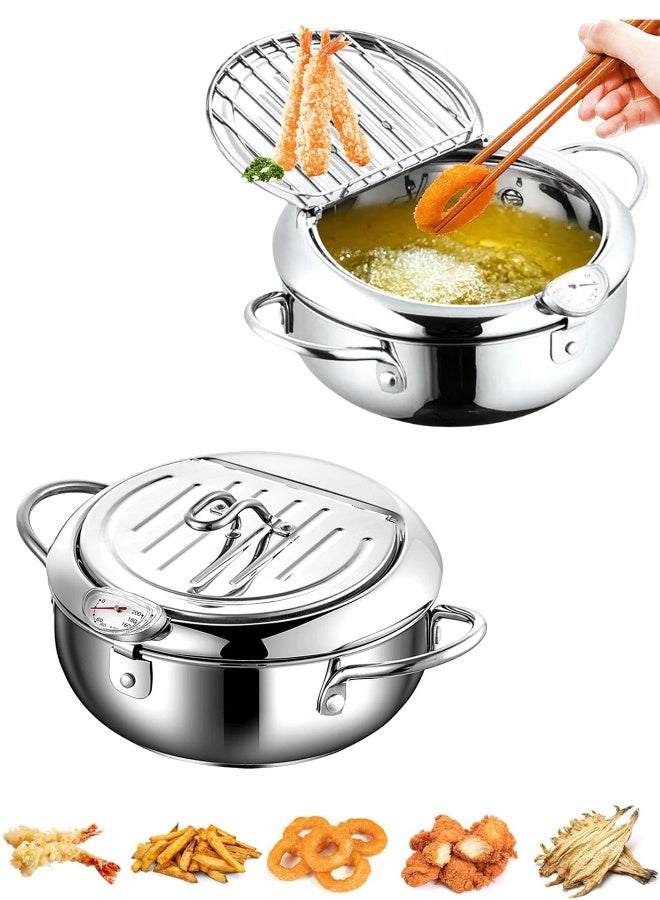 قدر قلي عميق من الفولاذ المقاوم للصدأ سعة 2.2 لتر - مقلاة تمبورا مزودة بمقياس حرارة مدمج وغطاء ورف لتجميع الزيت، مثالية لقلي الدجاج والمأكولات البحرية والبطاطس المقلية والوجبات الخفيفة في المنزل - Image 1